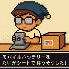 モバイルバッテリーを耐火シートで包む男性のドット絵イラスト